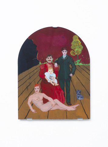 Die Abbildung zeigt eine Malerei des Künstlers Harry Hachmeister. Zu sehen ist eine vierköpfige Familie - Mutter und Vater haben die klassichen Rollen und Kostüme getauscht, ihr kleines Kind sitzt auf dem Schoß, vor ihnen liegt nackt und posierend der zweite Sohn.