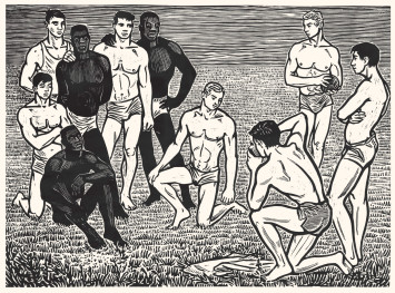 Der Linolschnitt zeigt Schwarze und weiße Männer, die sich für ein Foto als Gruppe positionieren. 