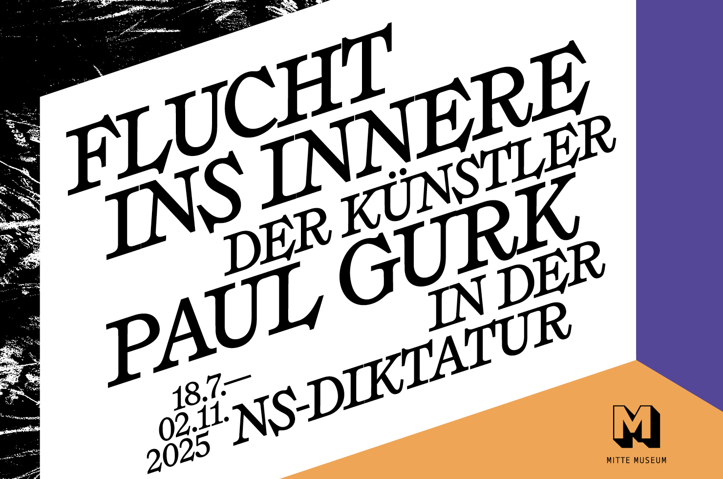 Titel der Ausstellung vor farbigem Hintergund